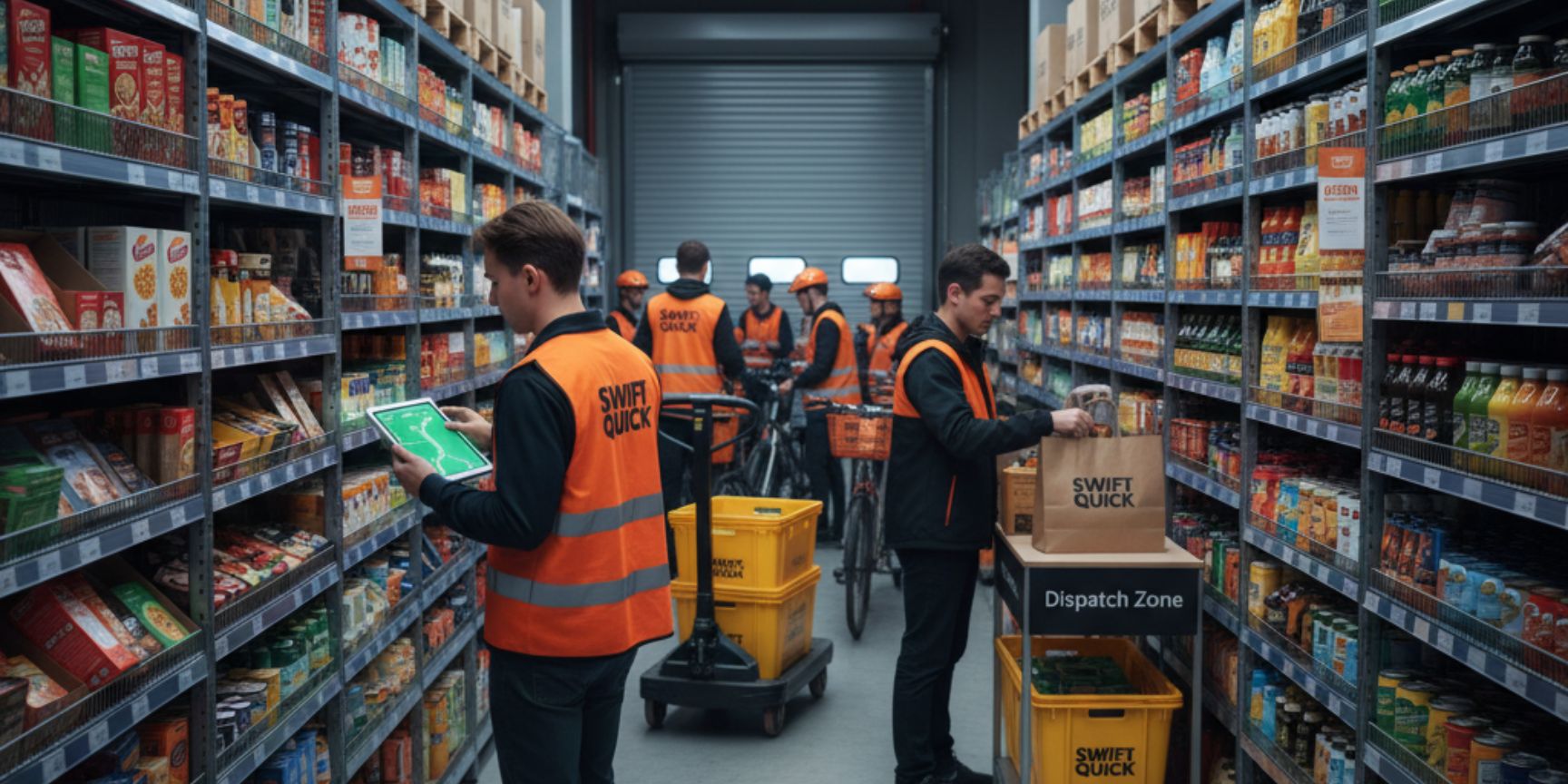 Mitarbeiter in orangen Westen kommissionieren und verpacken Lebensmittel in einem Dark Store mit Produktregalen, einem Tablet-Nutzer und einem Versandbereich mit Fahrrädern.